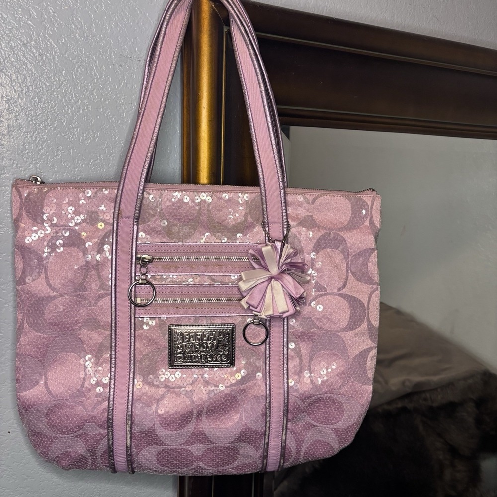 Y2K Vintage Coach Poppy Sequin Tote Bag Pink Signature C Monogram Purse Glam